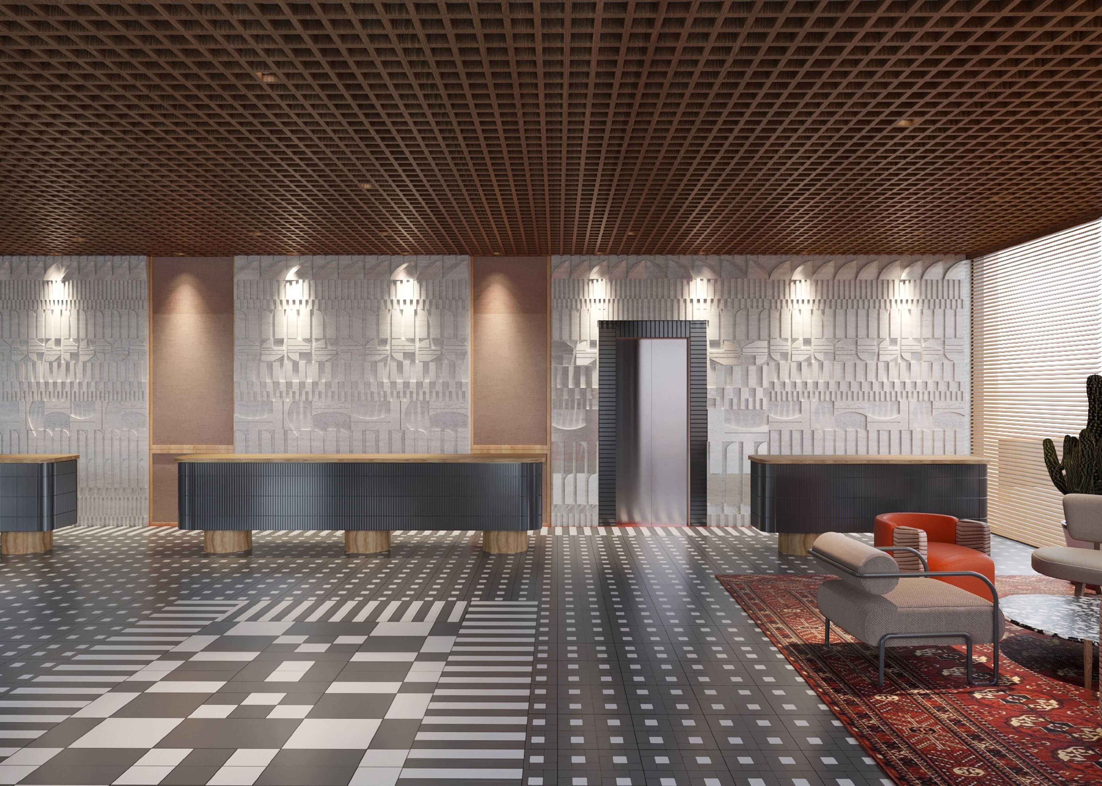 A modern lobby with a checkered floor, a reception desk, seating area, and a patterned wall.
