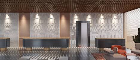 A modern lobby with a checkered floor, a reception desk, seating area, and a patterned wall.