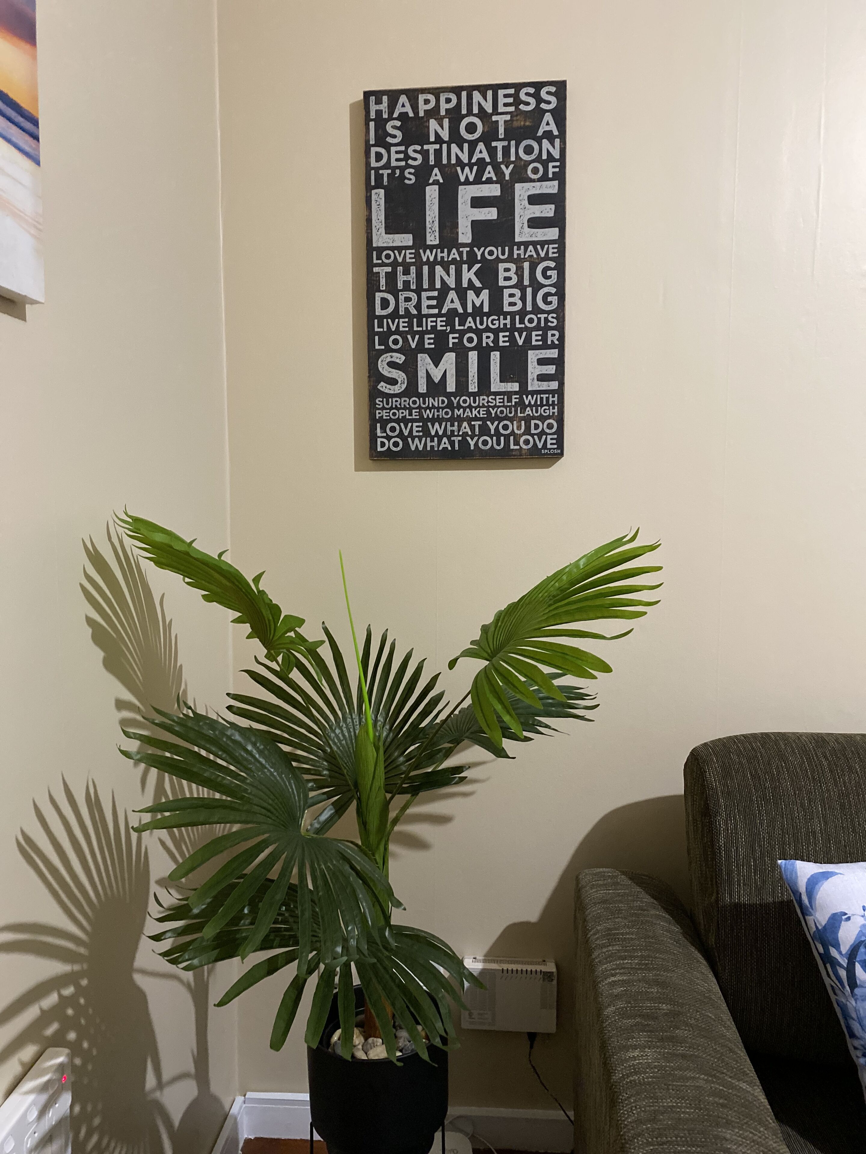 Pared con una frase motivadora y una planta en maceta.