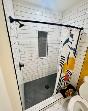 Hair dryer, towels, soap, shampoo