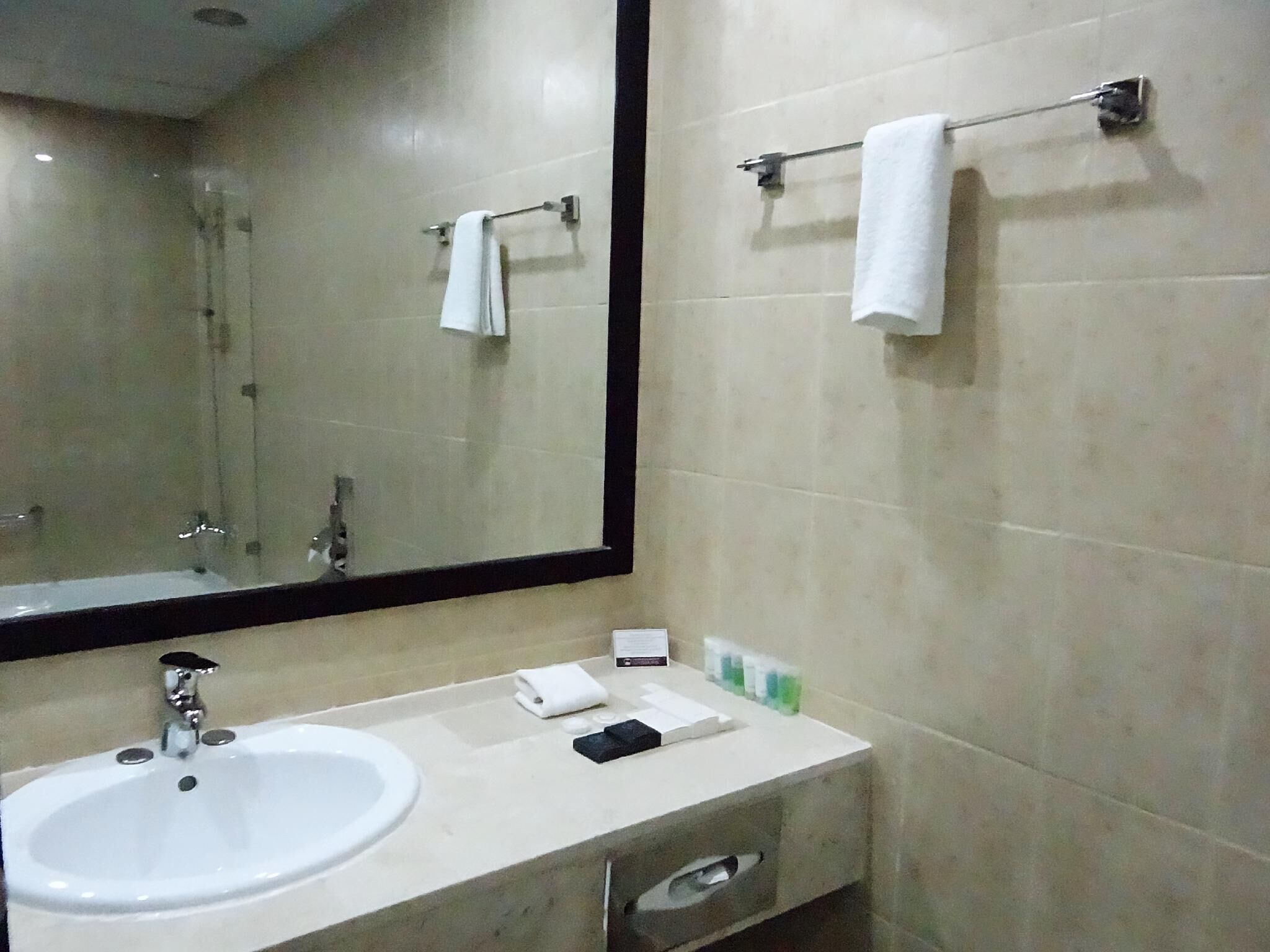 Une salle de bain avec un grand miroir, un lavabo et deux porte-serviettes.