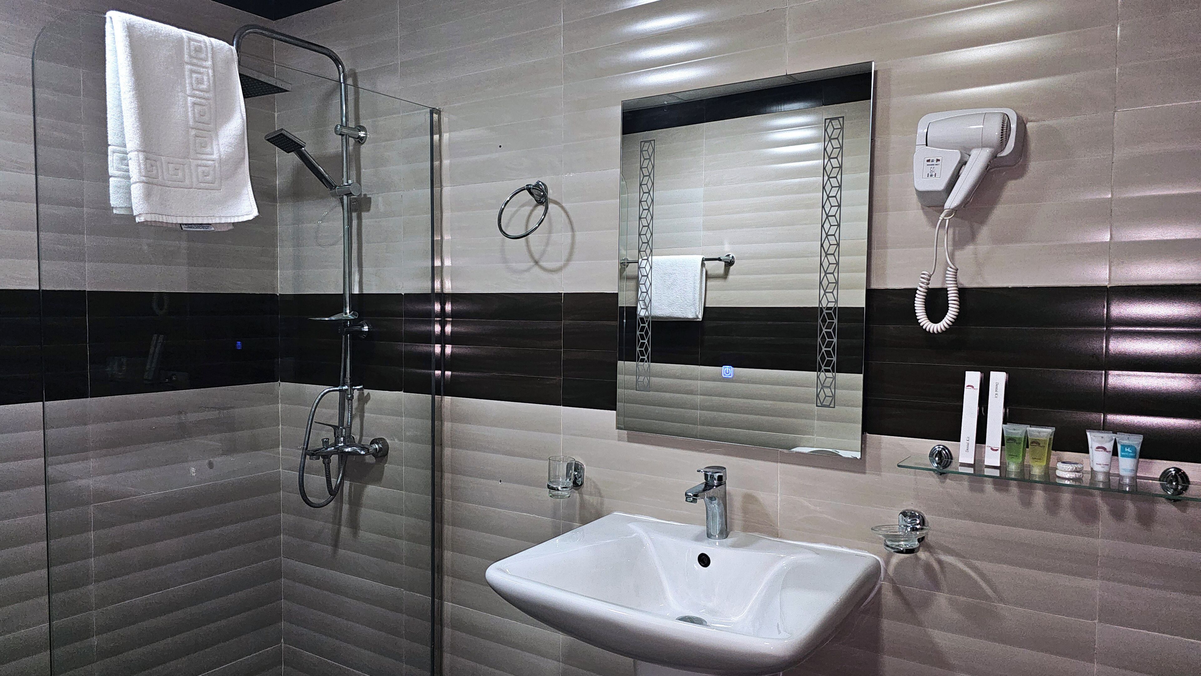 A modern bathroom with a glass-enclosed shower, a sink, a hairdryer, and toiletries on the counter.