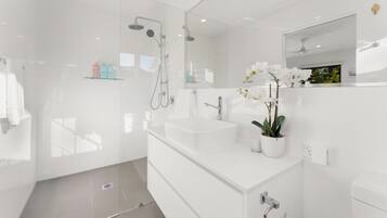 Eco-friendly toiletries, hair dryer, towels, soap