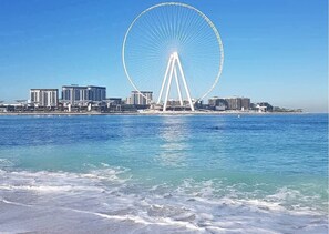 A waterfront view with a large Ferris wheel and modern buildings.