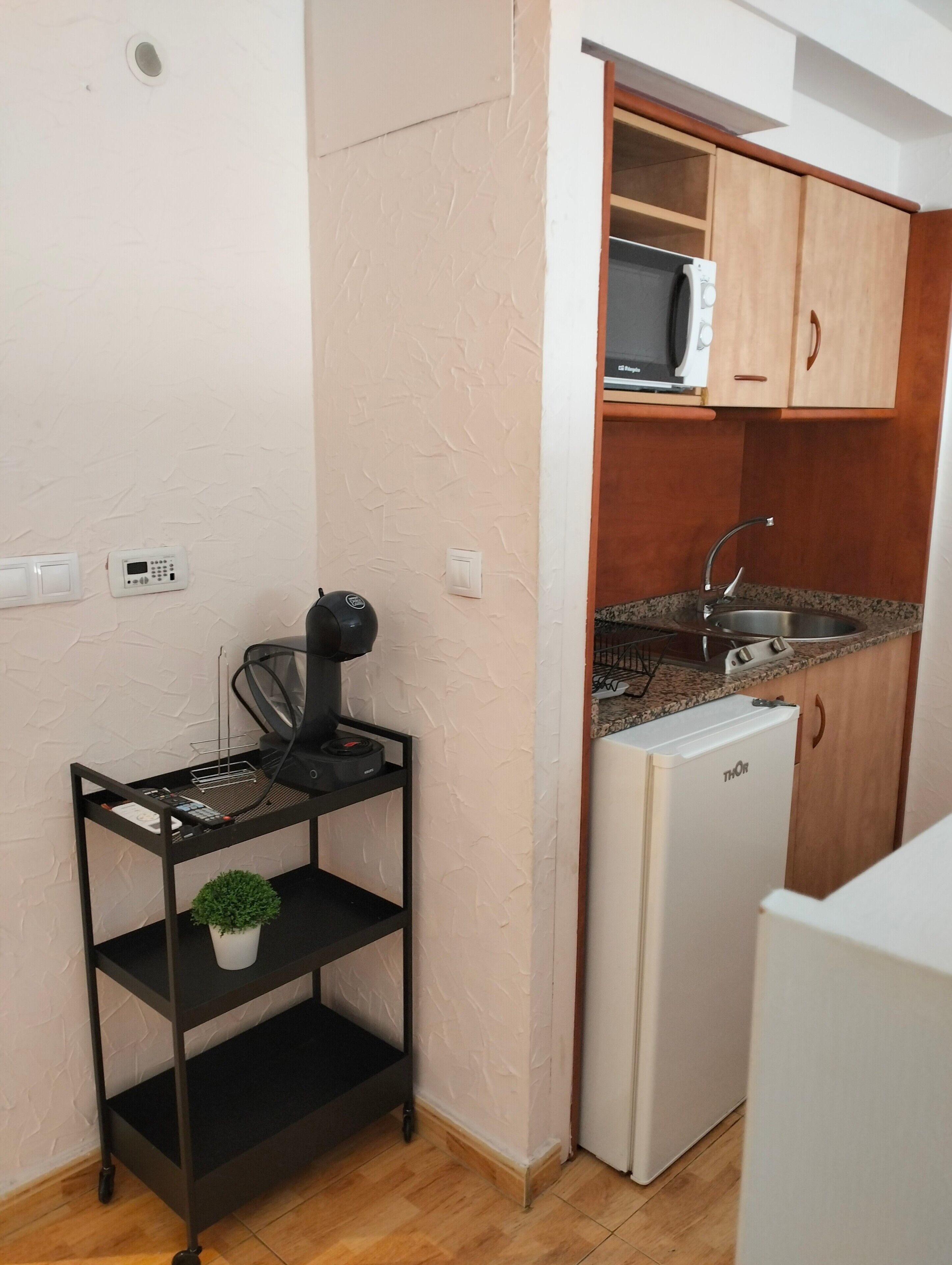 Frigorífico, microondas, placa de cocina y cafetera o tetera
