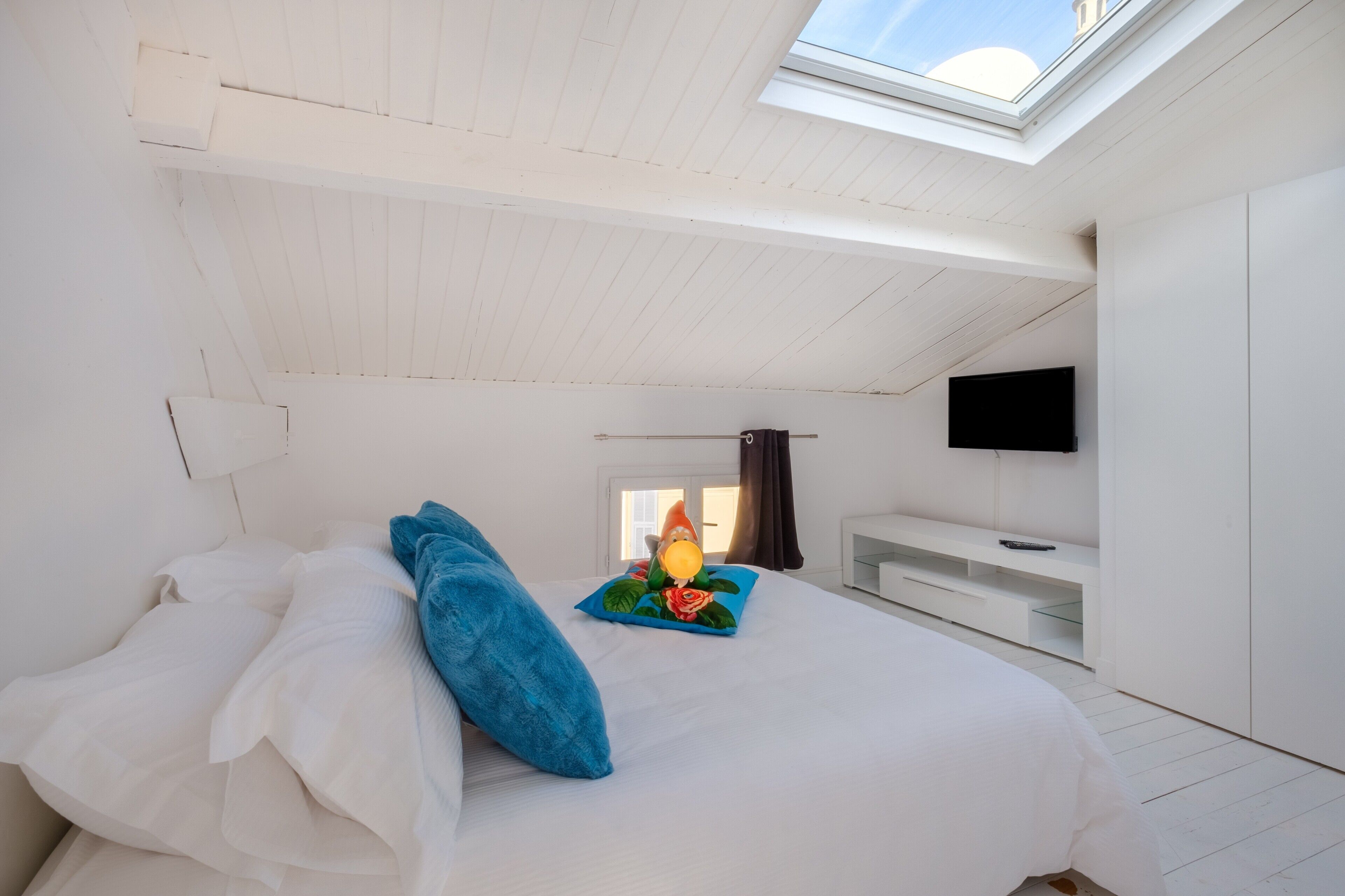 Una camera da letto con un letto, una TV, un lucernario e una finestra.