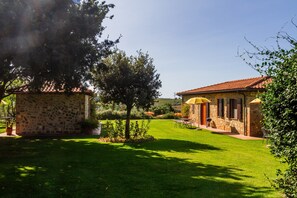 A stone building with a tiled roof, a well-maintained lawn, and a tree in the foreground. - Apartment 'Tartaruga' with Shared Pool, Wi-Fi and Air Conditioning (Montiano)