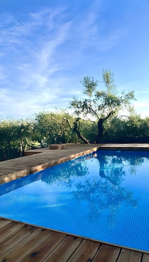Une piscine dotée d’une terrasse en bois, entourée d’arbres et surplombée par un ciel dégagé.