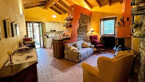 A cozy living room with a fireplace, a stone wall, and a kitchen in the background. - Apartment Ca' Livio (Crespiano)