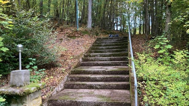 A set of stone steps leading up a hill in a forested area with a lamp post and a metal railing on the right side. - Immensee II Apartment with lake view and located at the forest edge (Ronshausen)