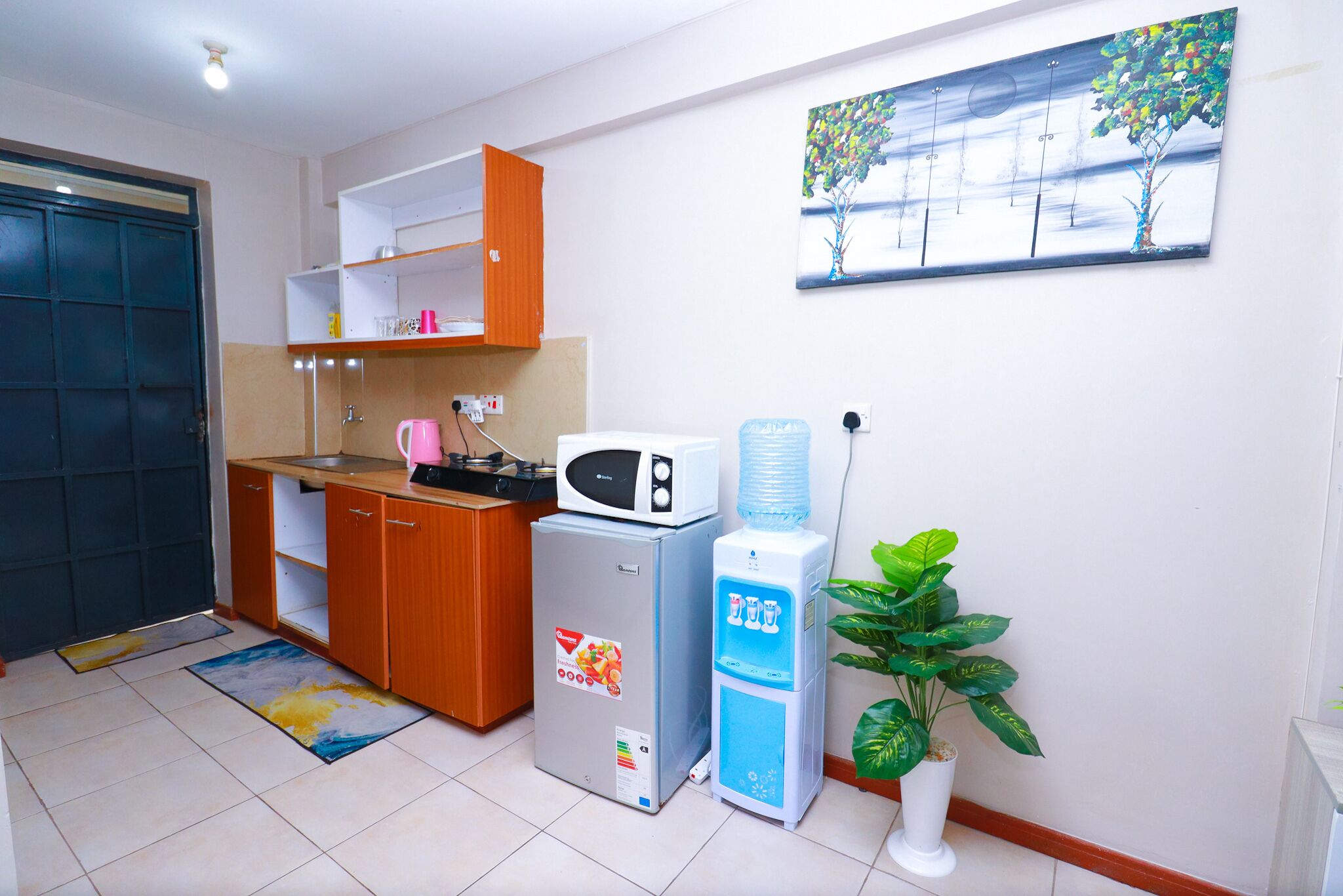 Cocina compacta con microondas, refrigerador y dispensador de agua. Hay una planta en maceta y un cuadro en la pared.
