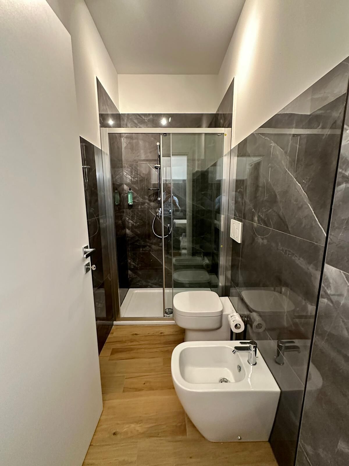 A modern bathroom with a glass-enclosed shower, a bidet, and a toilet.