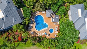 An aerial view of a residential area with a swimming pool surrounded by lounge chairs and umbrellas, surrounded by lush greenery and palm trees. - Grand Champions 30 Golf course views (Wailea)