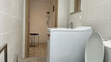 Hair dryer, towels, soap, toilet paper
