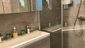 Hair dryer, towels, soap, shampoo