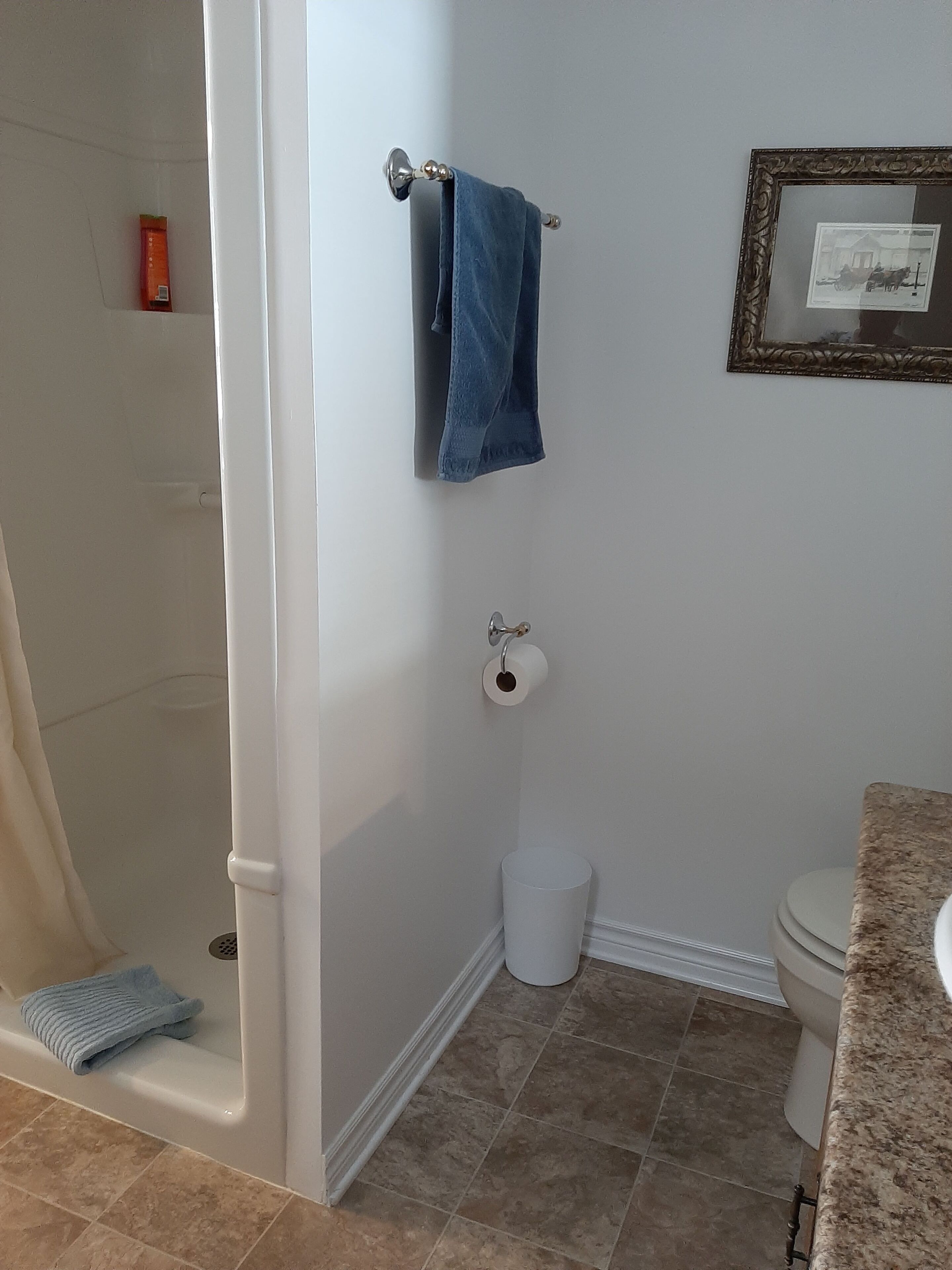 A bathroom with a shower, toilet, and sink.