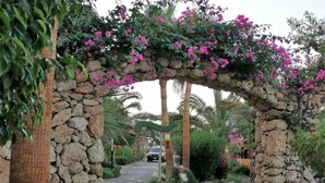 A stone pathway leading through a garden with a stone archway covered in pink flowers. - Stunning Spacious One Bed in Delta Sharm (Sharm El Sheikh)