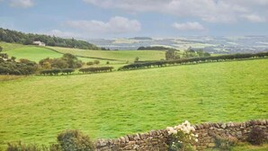 Paisaje rural con campos verdes ondulantes, un muro de piedra y un edificio distante.