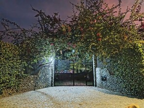 Une allée dallée, bordée d’un mur en pierre et d’un portail en métal, le tout entouré d’une végétation luxuriante et d’arbres.
