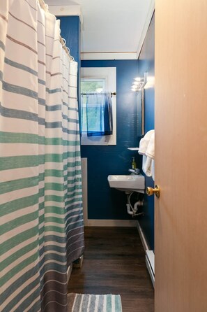 Shower, hair dryer, towels, toilet paper