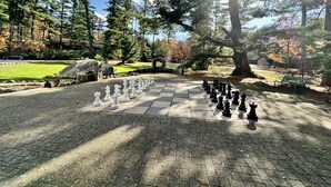 Un parc où se trouve un grand échiquier installé sur une surface pavée, entouré d’arbres et bordé d’un champ d’herbe.