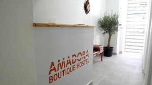 Un couloir avec une enseigne indiquant « AMADORA BOUTIQUE HOSTEL » sur le mur, une étagère en bois, une plante en pot et un banc.