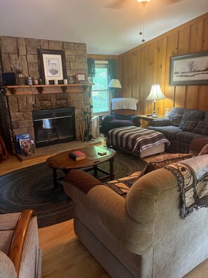 TV, fireplace, DVD player, books