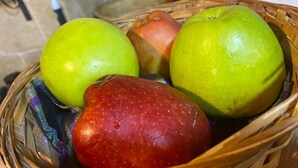 A basket containing three apples, one of which is red and two are green. - Lütfü Bey Konağı (Gaziantep)