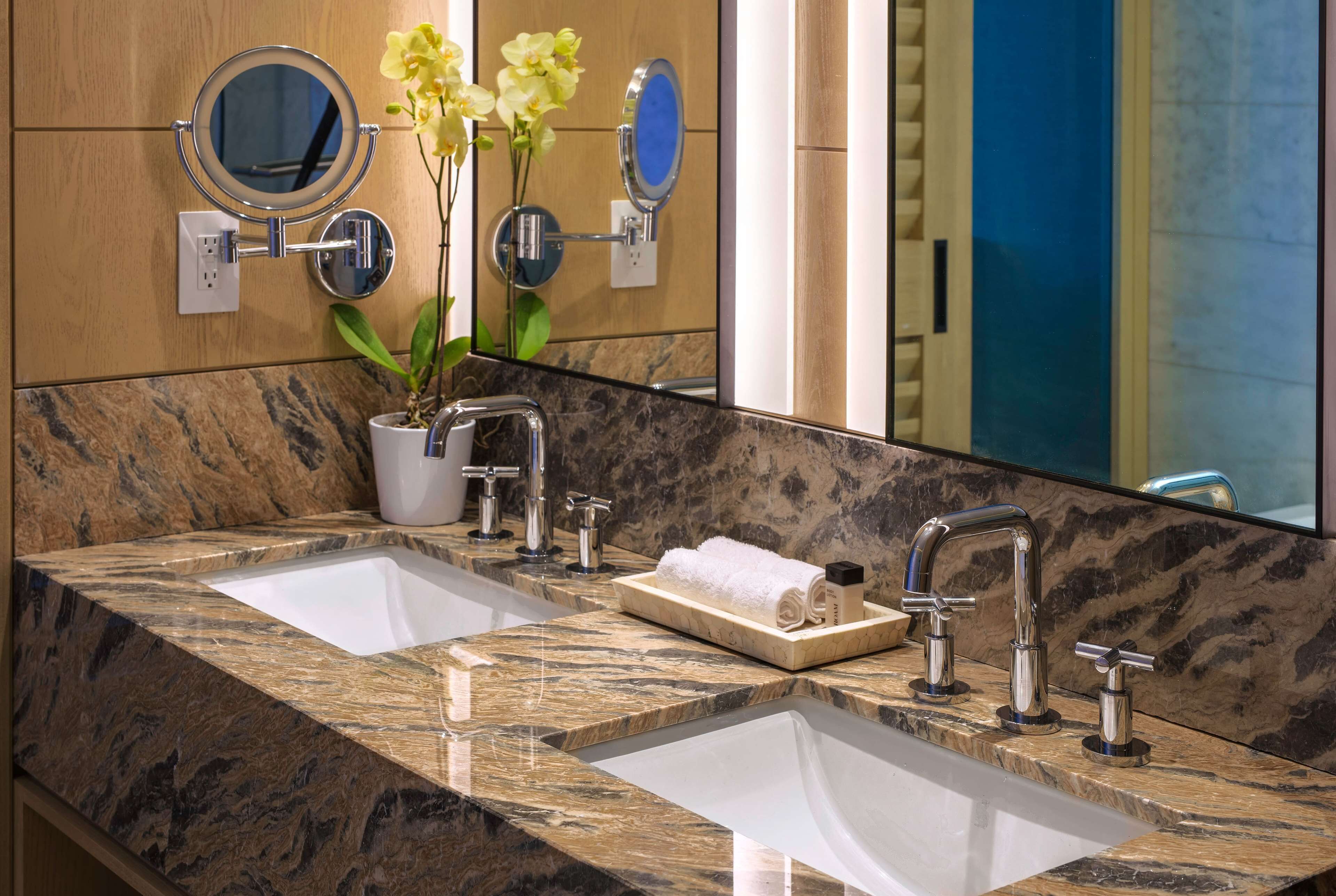 A bathroom with two sinks, a mirror, and a potted plant.