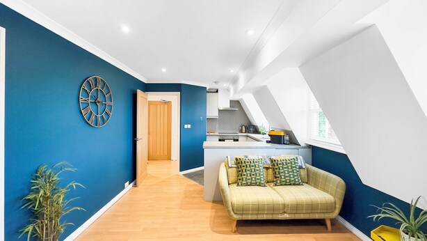 Eine moderne Wohnung mit Küche, einem Wohnbereich mit Sofa und einem Esstisch.