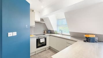 Family Apartment | Private kitchen | Full-size fridge, microwave, oven, electric kettle