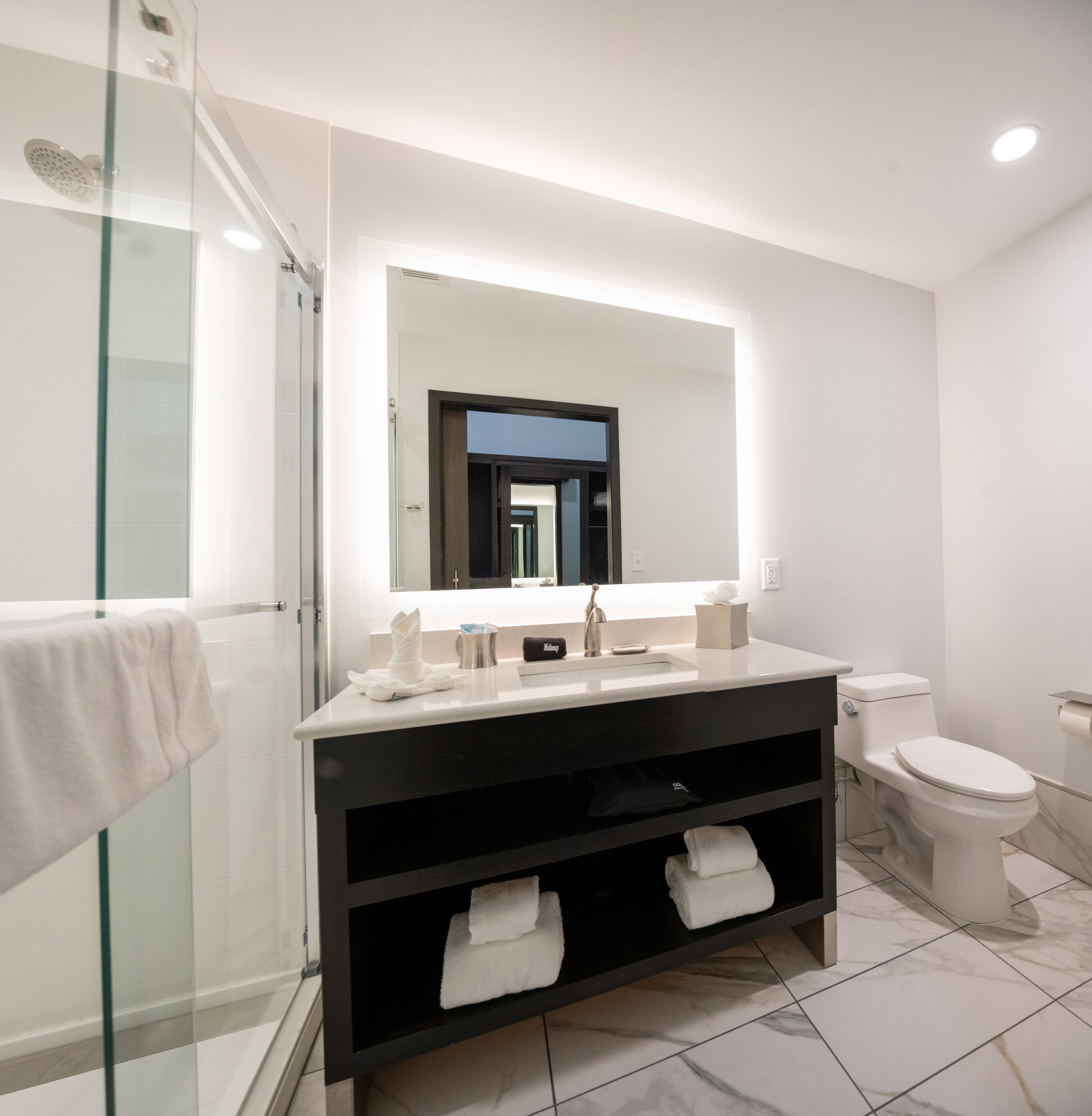 A modern bathroom with a glass shower enclosure, a vanity with a mirror, and a toilet.