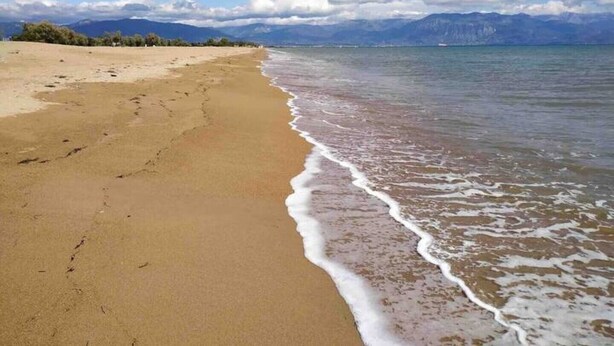 Una platja amb cel blau i muntanyes al fons.