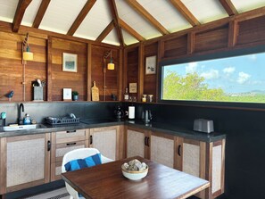 Fridge, microwave, stovetop, coffee/tea maker