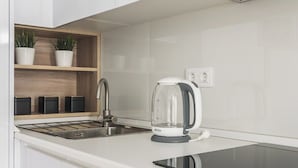 A modern kitchen with white cabinetry, a stainless steel sink, a built-in stove, a glass kettle, and a wooden shelf with potted plants.