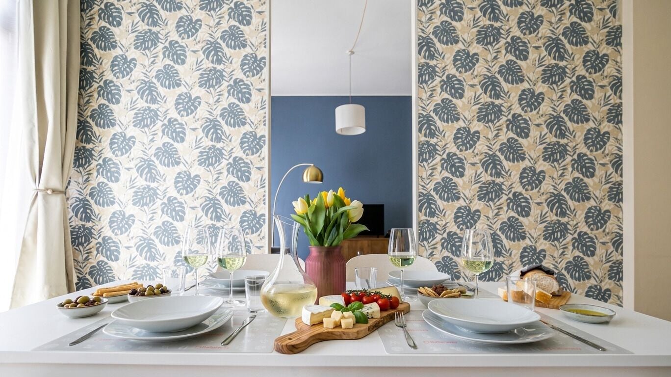 Uma mesa de jantar posta com pratos, copos e comida, com um vaso de flores e uma jarra de vinho branco.