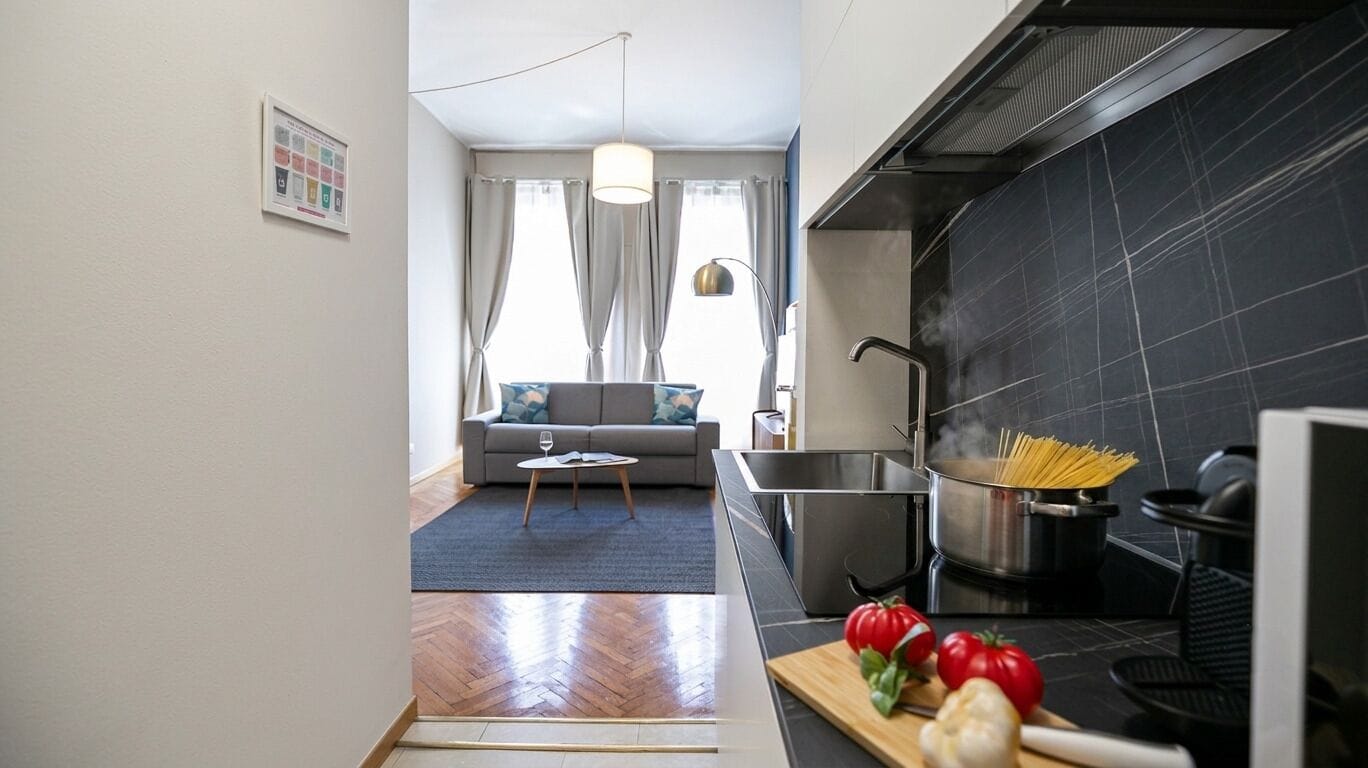 Luxury Apartment | Private kitchen | Fridge, stovetop, cookware/dishes/utensils, dining tables