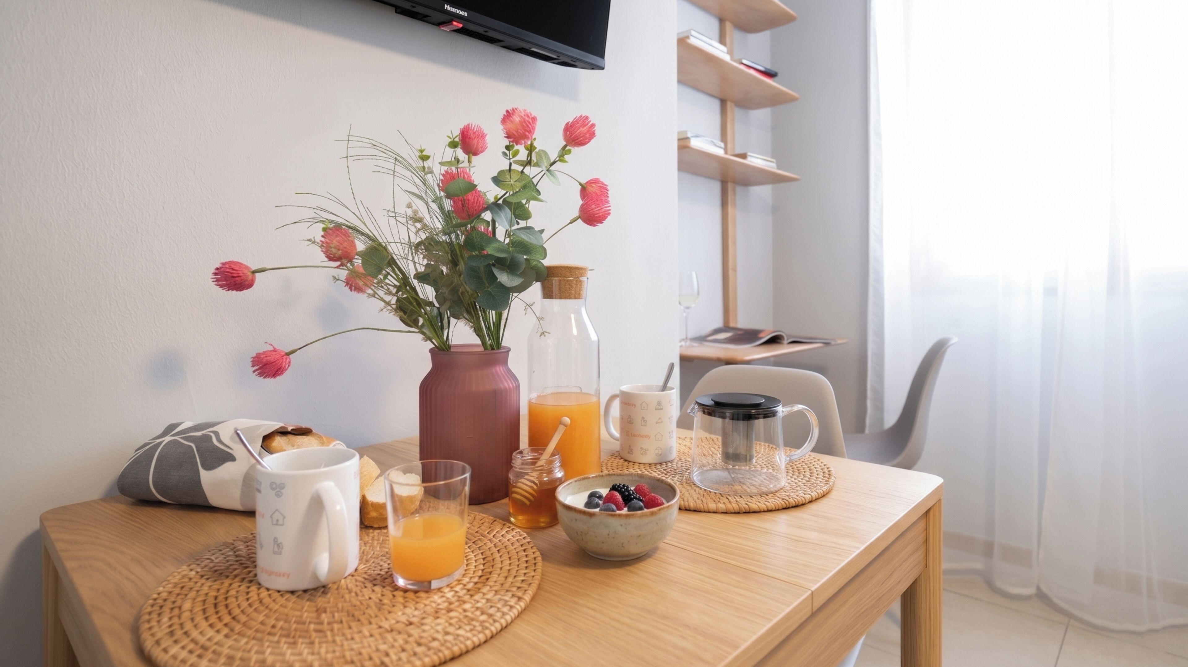 A breakfast setup with a vase of flowers, a bottle of orange juice, a mug, a glass of orange juice, a bowl of berries, and a coffee maker on a wooden table.