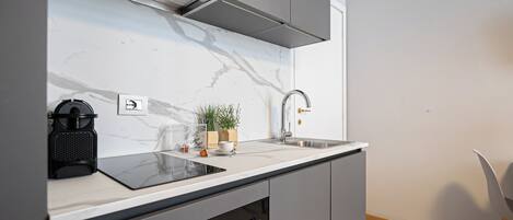 A modern kitchen with a built-in dishwasher, a stainless steel sink, and a marble backsplash.
