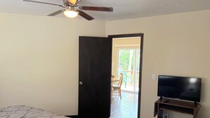 A hotel room with a bed, a TV on a wooden stand, a ceiling fan, and a door leading to a balcony with outdoor furniture.