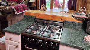 L’intérieur de ce chalet accueillant comprend un coin cuisine équipé d’une cuisinière, d’un four et de plans de travail en granit. On y trouve également une table à manger avec des chaises, un canapé recouvert d’une couverture à carreaux et une fenêtre agrémentée de rideaux.