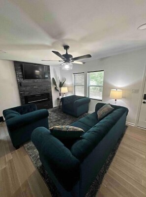 Smart TV, fireplace, books