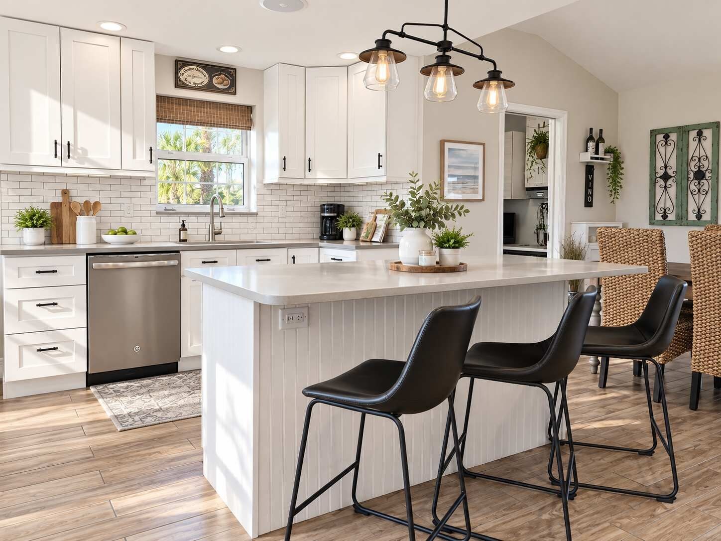 A modern kitchen with white cabinetry, a central island, bar stools, and pendant lighting.