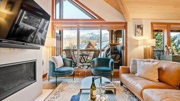 Smart TV, fireplace, books, stereo