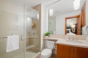 A modern bathroom with a glass shower enclosure, a toilet, a sink with a vanity, and a large mirror.