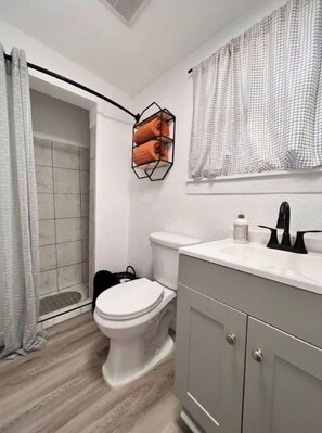 Secadora de cabello, toallas, jabón, papel de baño 