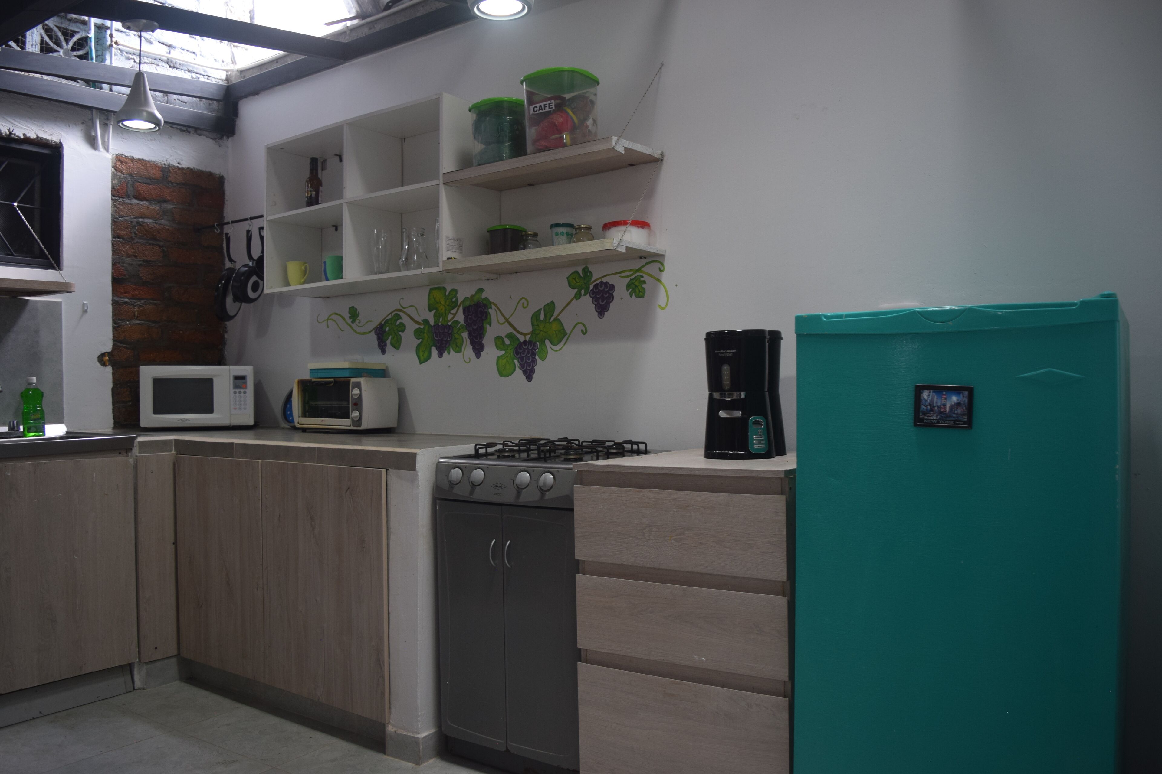 Fridge, microwave, blender, coffee grinder