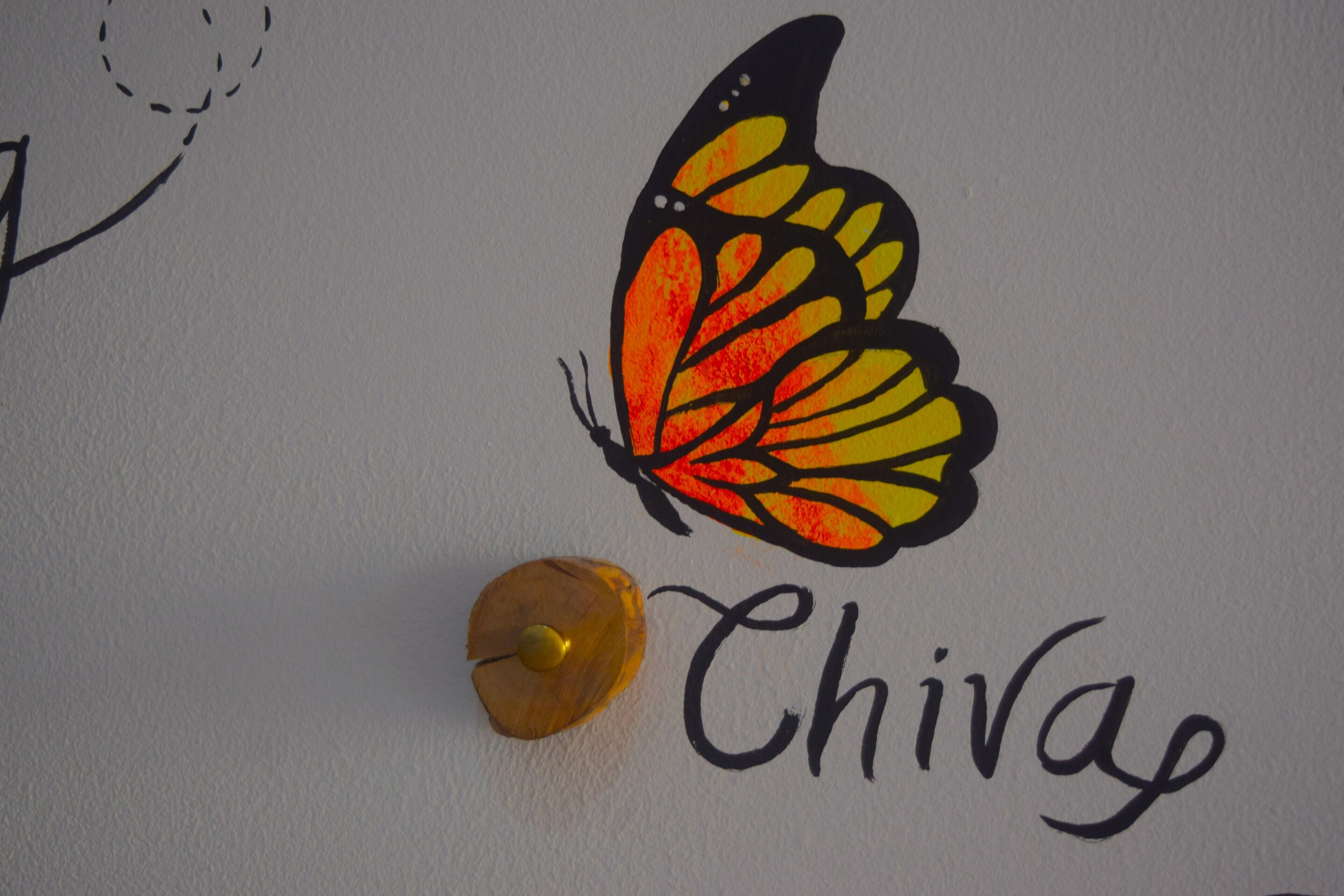 Eine Wand mit einer Schmetterlingsillustration und dem Schriftzug "Chivag" darunter.