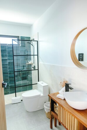 A modern bathroom with a glass-enclosed shower, a white toilet, a wooden vanity with a large sink, and a round mirror. - Luxury Ocean View House (Quebradillas)