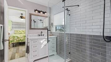 Hair dryer, towels, soap, shampoo